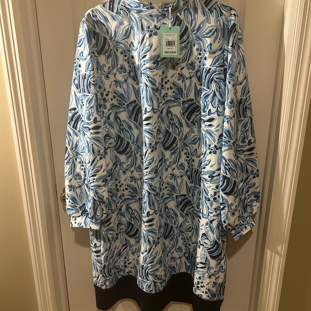 Blue and White Floral Long Sleeve Dress
